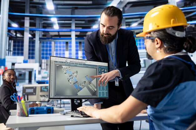 Engineer in hard hat and colleague discussing 3D CAD design displayed on computer screen.