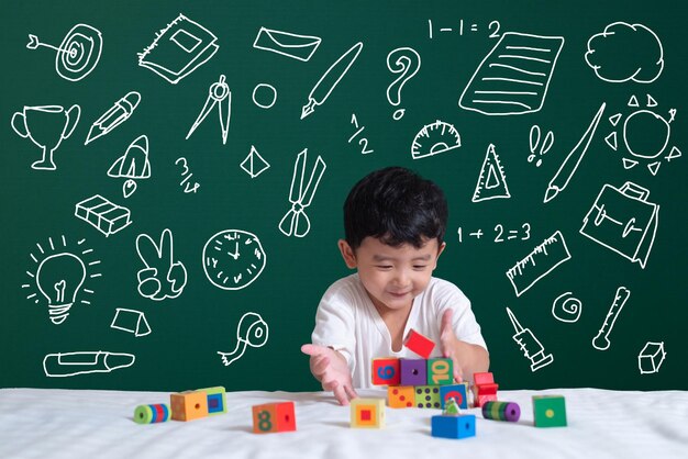 Young child exploring wooden blocks while learning shapes and numbers in a creative setting.