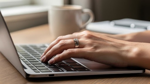 Hands typing on laptop with coffee cup on desk.