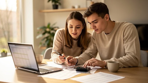 Couple reviewing documents together at home.