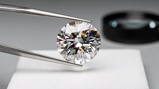 Close-up of round cut diamond held with tweezers.