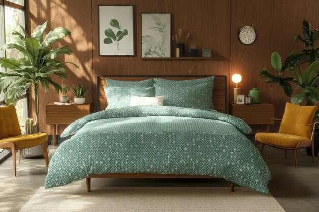 Modern bedroom with green patterned bedding, wooden wall, plants, and warm natural light creating a cozy atmosphere.